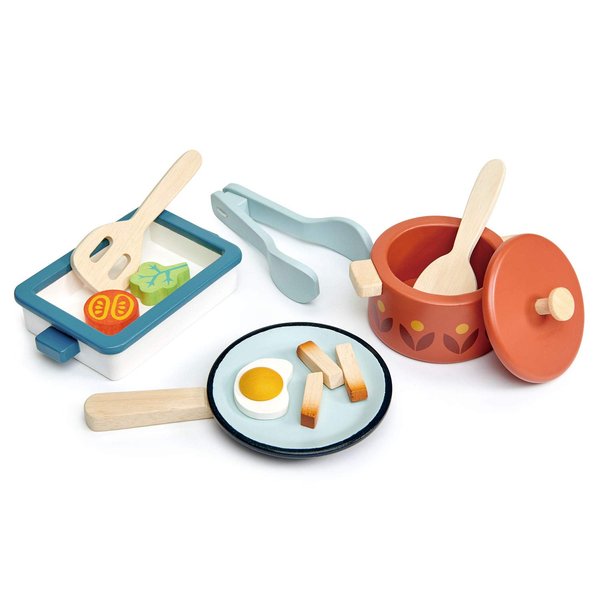 Tender Leaf Toys - Pots and Pans - 13 Pcs Wooden Pretend Cooking Playset, Play Kitchen Cookware Accessories Set for Kids - Age 3+