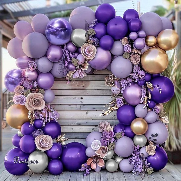 Purple Gold Balloon Arch Kit Double Stuffed Dark Purple Dusty Light Lavender Silver Balloon Garland with 18inch Foil Lilac Balloons for Birthday Baby Shower Bridal Wedding Party Decoration