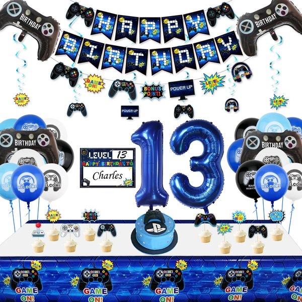 Video Game Party Decorations - 13th Birthday Decorations for Boys, HAPPY BIRTHDAY Banner, Video Game Tablecloth, Gaming Pattern Balloons, Gaming Hanging Sign, Gaming Birthday Party Supplies
