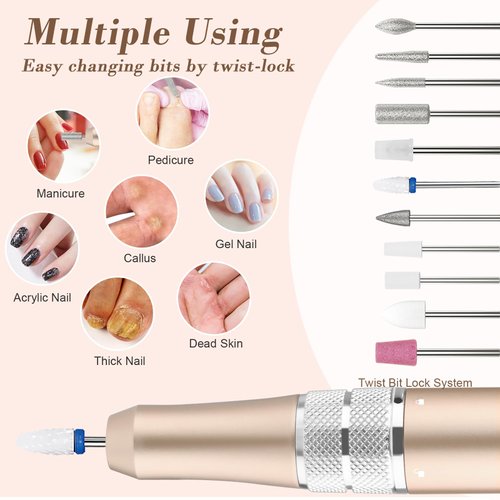 Kredioo 35000 Nail Drill Professional Electric File Acrylic Nails Kit for Manicure Gel Polish Remover with 11 Bits Easy Build-in Bit Holder Twist Lock Changing Bit