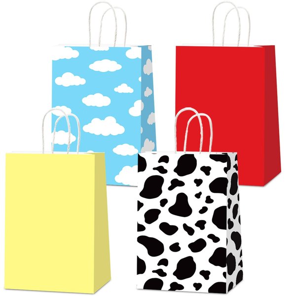 CHUNNIN 24Pcs Cartoon Story Birthday Party Paper Gift Bags Toy Inspired Game Story Party Goodie Bag Cow Print Sky Blue Cloud Treat Bag Decoration for Kids Toy Birthday Baby Shower Party Supplies