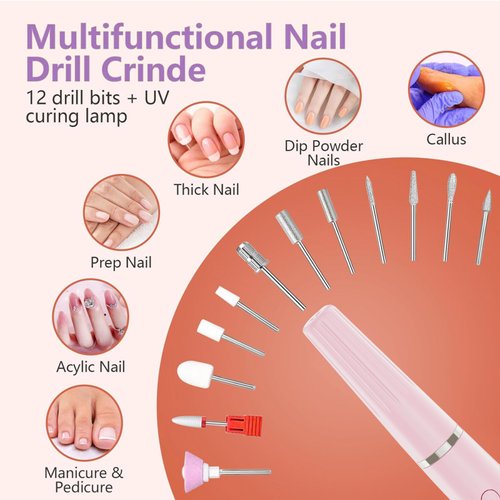 Professional Nail Drill Kit ; Portable Electric Nail File Set for Acrylic Gel Nails, Nail Filer Electric for Beginners and Professionals Manicure and Pedicure Set with Rechargeable, Lightweight, Pink