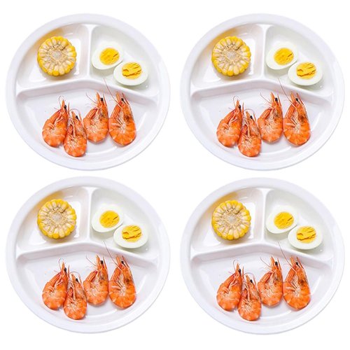 AIYoo Reusable Dinner Plates 4 Pack 10.25 Inch Plastic White Divided Plates for Adults Camping 3-Compartment Portion Control Plate Round Diet Lightweight Dinner Plates