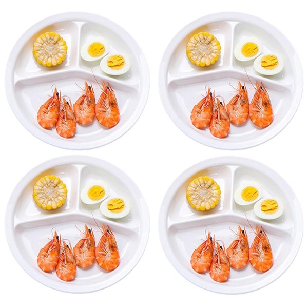 AIYoo Reusable Dinner Plates 4 Pack 10.25 Inch Plastic White Divided Plates for Adults Camping 3-Compartment Portion Control Plate Round Diet Lightweight Dinner Plates