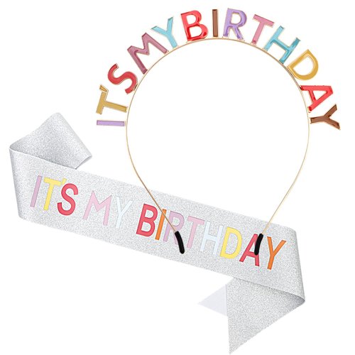 BAHABY Birthday Crowns for Women IT'S MY BIRTHDAY Sash & Birthday Headband Set Princess Birthday Sash and Tiara Birthday Gifts for Women Girls Sweet Happy Birthday Accessories for Party- Multicolor