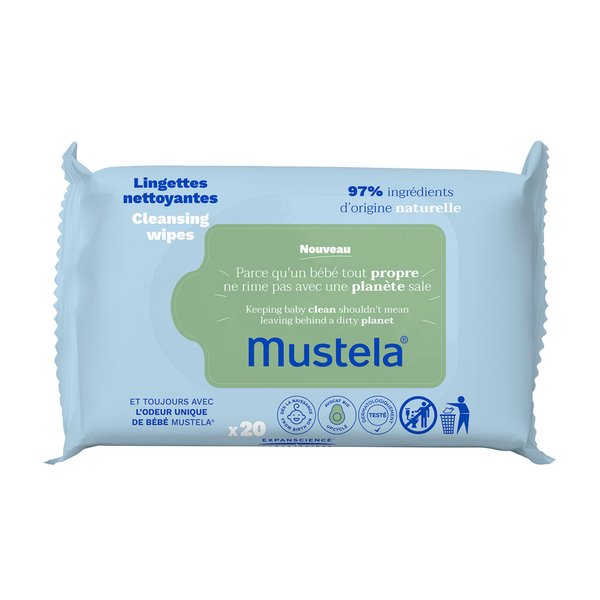 Mustela Baby Cleansing Wipes with Natural Avocado - For Face, Body & Diaper Area - Made with Compostable & Plastic Free Fibers - Lightly Scented - 20 ct. (1-Pack)