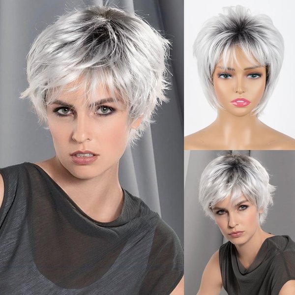 Matthia Ombre Grey Wig Short Hair Pixie Synthetic Wigs for White Women, Pixie Cut Wig Ombre Gray to White Short Wigs Layered Realistic Wigs for White Women(Mixed Grey and White)