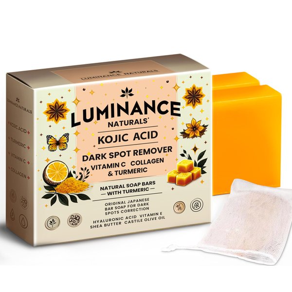 LUMINANCE NATURALS Turmeric and Kojic Acid Soap for Dark Spot Remover with Vitamin C, Retinol, Collagen, Rich in Hyaluronic Acid, Vitamin E, Shea, Olive Oil for Skin Rejuvenation (2 Pack)