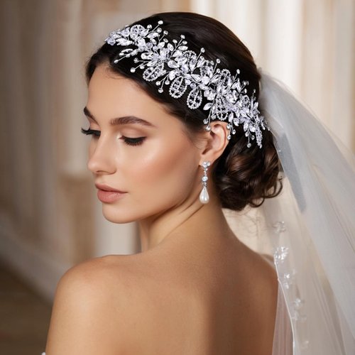 Eiaork Bridal Headband Rhinestone Wedding Headpiece for Bride Crystal Leaves Headwear Wedding Hair Accessories for Women