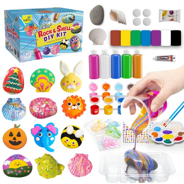 Kiditos Rockin' Rock & Shell Painting- Treasure Painting Kit,Arts and Crafts for Kids 4-12, Kids Painting Set, DIY Arts & Crafts Toys for Boys Girls Birthday Party Activities Gifts
