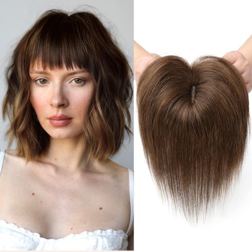 REECHO Human Hair Toppers, 6 Inch Hair Toppers for Thin Hair, Topper Hair Pieces with Bangs Real Human Hair, Clip In Wig Hair Topper Top Hair Extensions - Grey