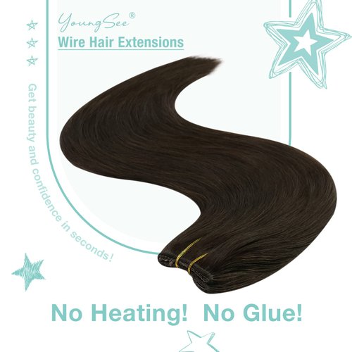 YoungSee Wire Hair Extensions Human Hair Darkest Brown Wire Human Hair Extensions Darkest Brown Secret Invisible Hair Wire Extensions Brown Hair Piece Extensions 80G 16Inch