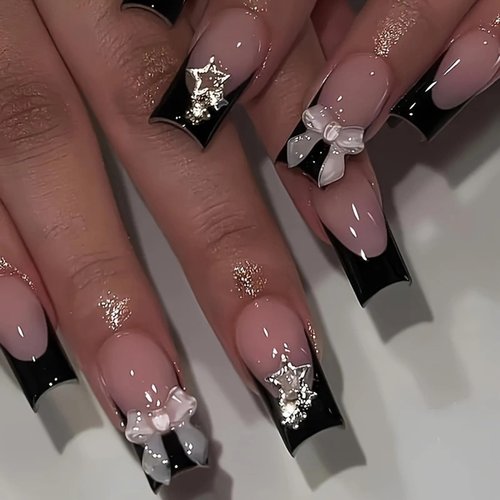 Black French Tip Press on Nails Medium Fake Nails Square Full Cover Glue on Nails Bow-Knot Star Designs Cute False Nails Glossy Stick on Nails for Women Girls Acrylic Manicure Salon 24Pcs