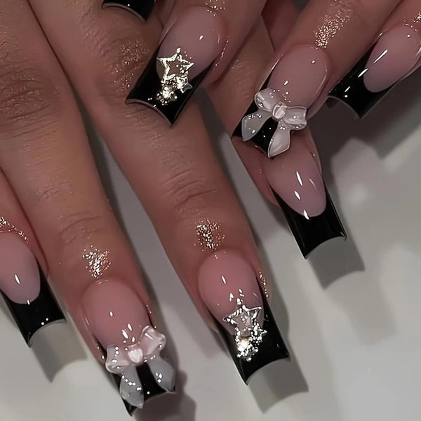 Black French Tip Press on Nails Medium Fake Nails Square Full Cover Glue on Nails Bow-Knot Star Designs Cute False Nails Glossy Stick on Nails for Women Girls Acrylic Manicure Salon 24Pcs