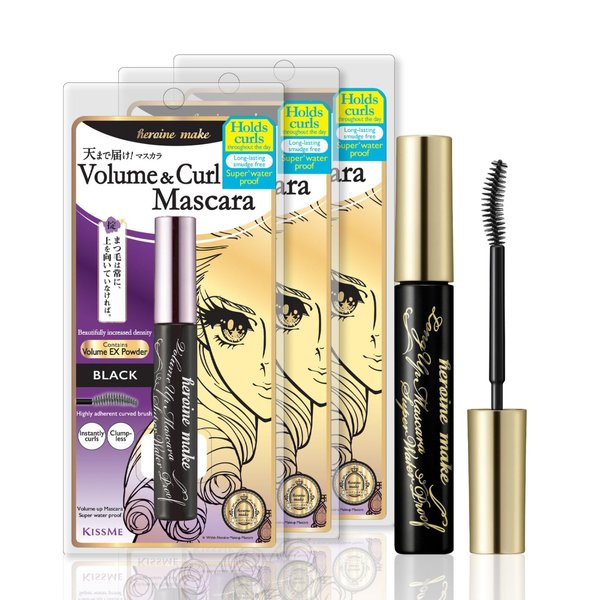 Heroine Make by Kissme 3 pack Volumizing Eyemakeup Mascara with Waterproof Black Curvy Brush, Defining Fiber Long-lasting False Eyelash Effect, Made in Japan