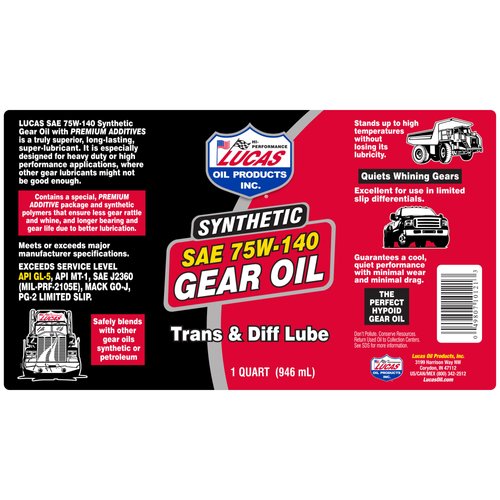 Lucas Oil 10121 SAE 75W-140 Synthetic Gear Oil/Transmission and Differential Lube - 1 Quart