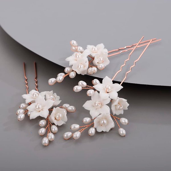 BERYUAN Bridal Flowers Leaves Hair Pins for Bride Women Dainty Pearls Beads Hair Pins for Girls ROSE GOLD （3 pcs）