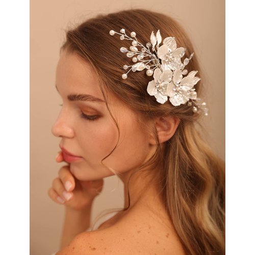 BERYUAN White Flower Hair Clip for Women Flower Rhinestone Wedding Hair Accessory（Silver）