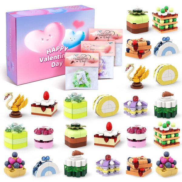 Uiseba Valentines Day Gifts for Kids Classroom/School,24PCS Dessert Building Blocks and Valentines Cards,Toys for 3+ Years Old Girls & Boys