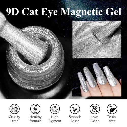 MIZHSE 9D Cat Eye Gel Nail Polish, Silver Magnetic Gel Polish with Magnet Stick, Magic Shimmer Galaxy Effect Holographic Glitter Silky Cat Eye Nail Polish Soak Off Nail Art Salon Manicure DIY at Home