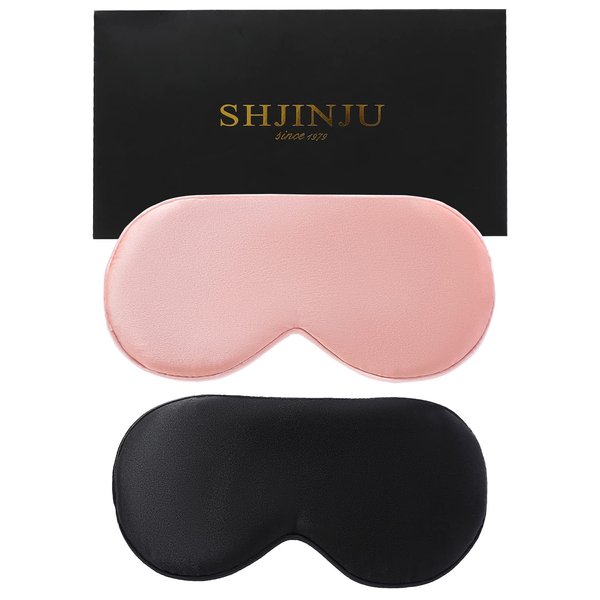 2-Pack 100% Real Natural Silk Eye Mask, Silk Sleeping Mask, Shade Puffy Eye Gift with Adjustable Straps, Sleep Eye Mask, SHJINJU Eye Mask Shade (Black and Leather Powder)
