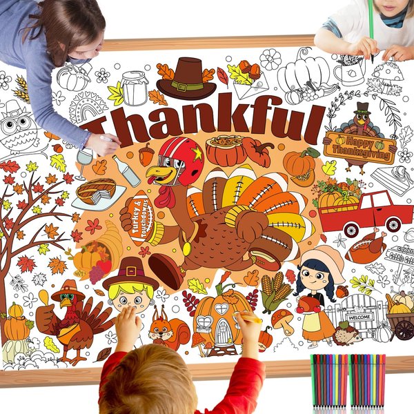 HOWAF Thanksgiving Coloring Poster with 24 pcs (12 Colors) Paint Pens, Happy Thanksgiving Jumbo Paper Coloring Banner Tablecloth Turkey Pumkin Turkey and Touchdowns Design for Fall Harvest Classroom Home Party Supplies