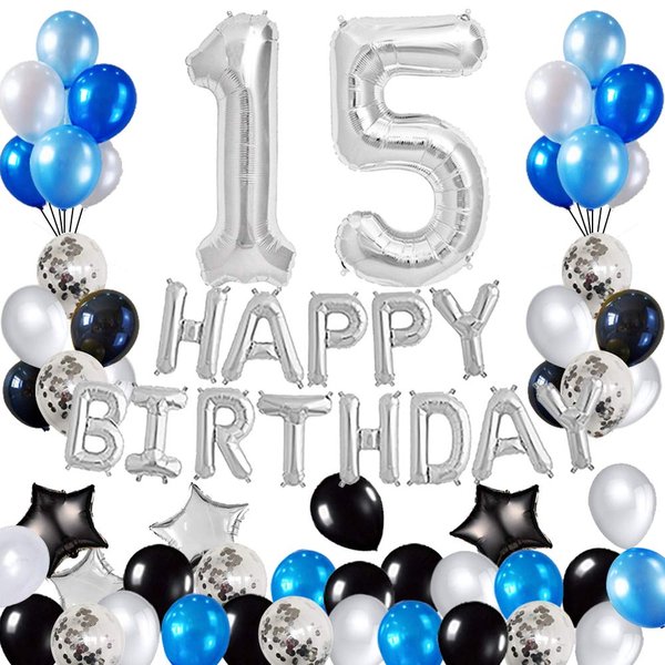 Risehy 15th birthday Decorations Birthday Party Supplies Set- Foil Happy Birthday Banner Foil Balloons Number 15 and Star Shape Balloons 47 pcs Latex balloons Silvery and Blue