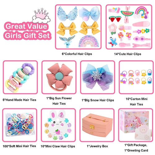 Qopoto Hair Accessories Kits for Girls, Hair Set for Girls Including Gift Box/Hair Clips/Hair Barrettes/Hair Ties/Hair Bows, Little Girls Teen Girl Birthday Gifts Age 4-15 (Pink with Case)