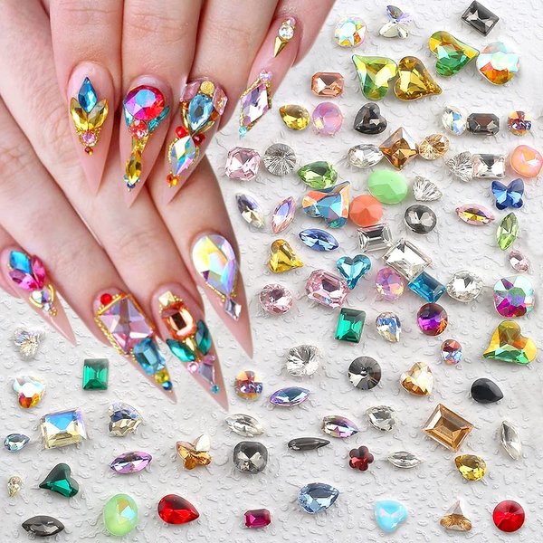 50pcs Colorful Rhinestones for Nails Pointed Bottom Nail Rhinestones Nail Gems Nail Crystals Diamond Kawaii Nail Charms Butterfly Star Heart Geometric Multi Shapes Rhinestones for Crafts Nail Supplies