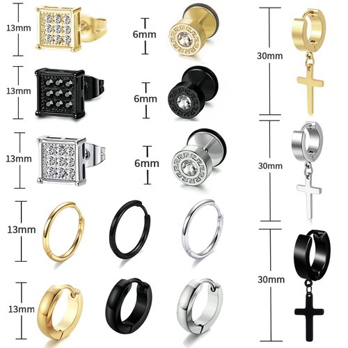 15 Pairs Earrings Set for Men and Women, Black Silver 14K Gold Plated Earrings Stud Kit for Men Women 5 Pairs of Each Fashion Ear Piercing Jewelry Cross Dangle Hoop Earrings Set (14K Gold)