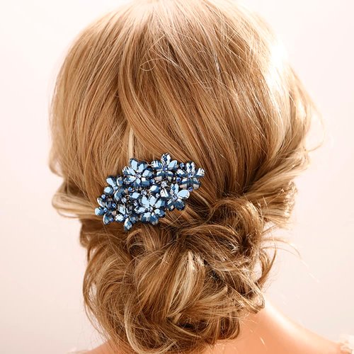 Aimimier Flower Crystal Hair Barrettes Shiny Rhinestone Hair Spring Clips Gem Hair Pins Bridal Hairpiece Wedding Hair Accessories for Women (Blue)