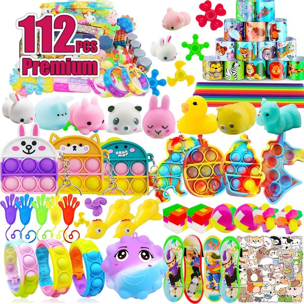 112 PCS Pop Party Favors Toys for kids,Premium Pop Fidget Toys for All Ages kids,Assortment pinata stuffers,classroom prizes,Prize Box Toys,Goody Bag Fillers,Carnival Prizes for Boys and Girls 4-10
