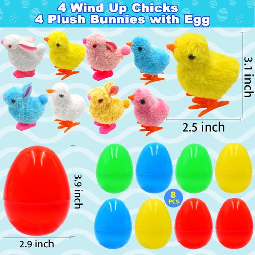 Govetom 8 PCS Jumbo Easter Eggs Filled with Wind Up Chicks & Plush Bunny Easter Basket Stuffers for Toddler Teens Boys Girls Easter Egg Hunt Filling Treats Easter Basket Stuffers Easter Party Favor