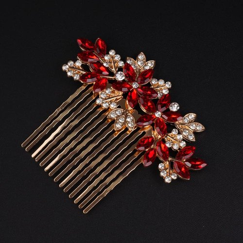 Missgrace Women Bridal Wedding Gold Red Rhinestones Flower Leaf Side Hair Comb Special Occasion Headpiece Hair Accessories for Women (Gold Red)
