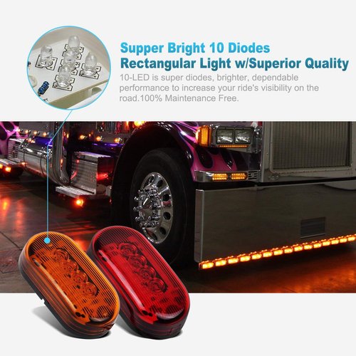 Partsam 2 Amber + 2 Red 12V 4" x 2" Oval Led Truck Side Marker Light Surface Mount 10 Diodes, Sealed Trailer Led Clearance and Side Marker Lights, Black Base, Rectangular Rectangle Led Lights