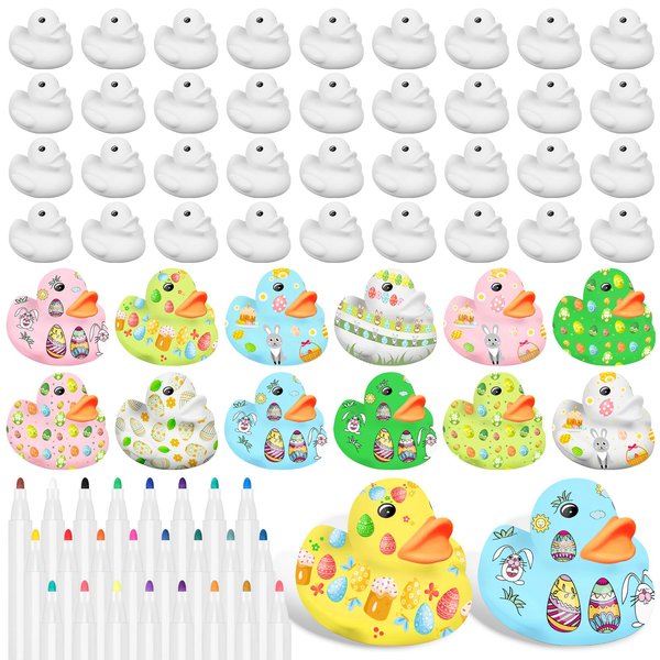 50 Pcs 2 Inch White Blank Rubber Ducks in Bulk DIY Ducks with Pens of 24 Colors Float Squeak Funny Rubber Duck Bath Shower Toy Birthday Gift Easter Activities Themed Party Favor