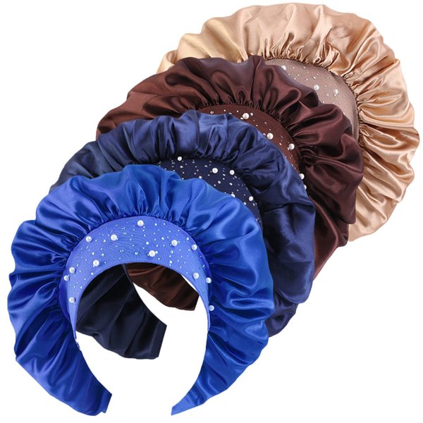 4 Pieces Women's Satin Rhinestone Sleeping Hat Night Sleep Cap Hair Care Salon Makeup Muslim Hijab Head Cover Bonnet Hat
