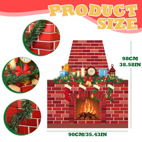 TaoBary Christmas Cardboard Fireplace 35.4 x 38.6 Inch Red Brick Bulletin Board Decoration Christmas Holiday Hearth Bulletin Board with 16.4 ft PVC Artificial Garland for Christmas Home Decor