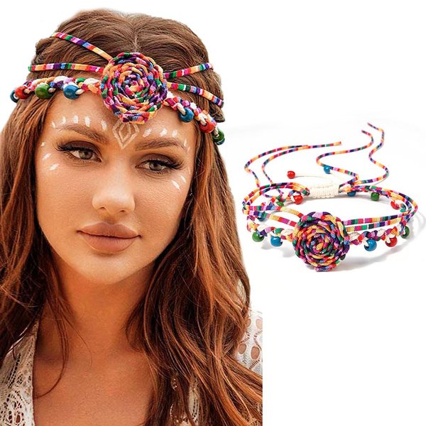 CAKURE Boho Headbands Braided Hair Band Rainbow Knotted Headwrap Gypsy Headpiece Adjustable Bohemian Handmade Headband Hair Accessories for Women and Girls