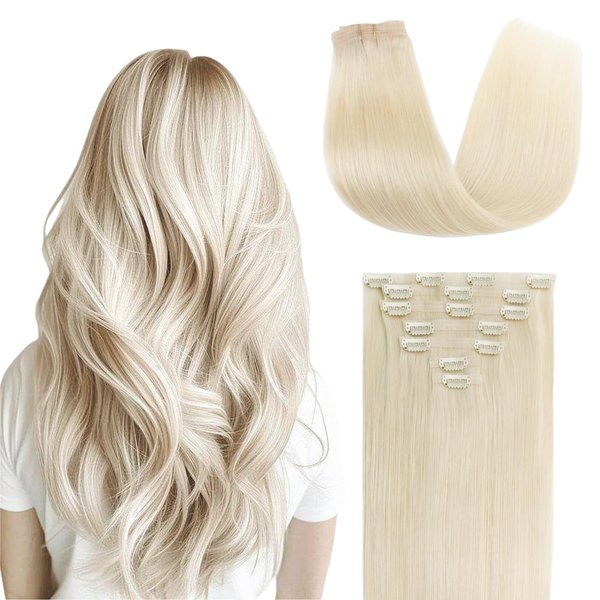 FUOTONBUTY Clip in Hair Real Human Hair Double Stitched 7pcs, Platinum Blonde Human Hair Clip in Extension, Seamless Clip in Hair Extensions 90g, Invisible Clip in Hair Extensions Human Hair 24 Inch