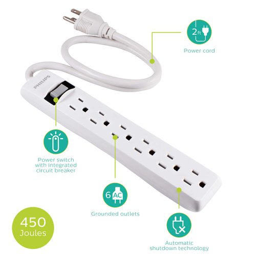 PHILIPS 6 Outlet Power Strip Surge Protector, 2ft Power Cord, Straight Plug, Wall Mount, 450 Joules, UL Listed, Circuit Breaker, Automatic Shutdown, White, SPP3063WP/37