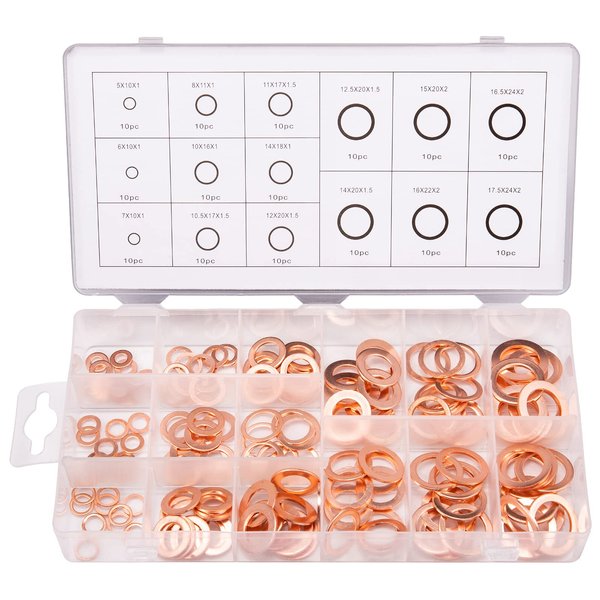 Toolwiz 150PCS 15 Sizes Copper Metric Sealing Washers Assortment Set Flat Ring Sump Plug Oil Seal Gasket Sealing Washers Crush Washer Assortment M5/6/7/8/10/10.5/11/12/12.5/14/15/16/16.5/17.5