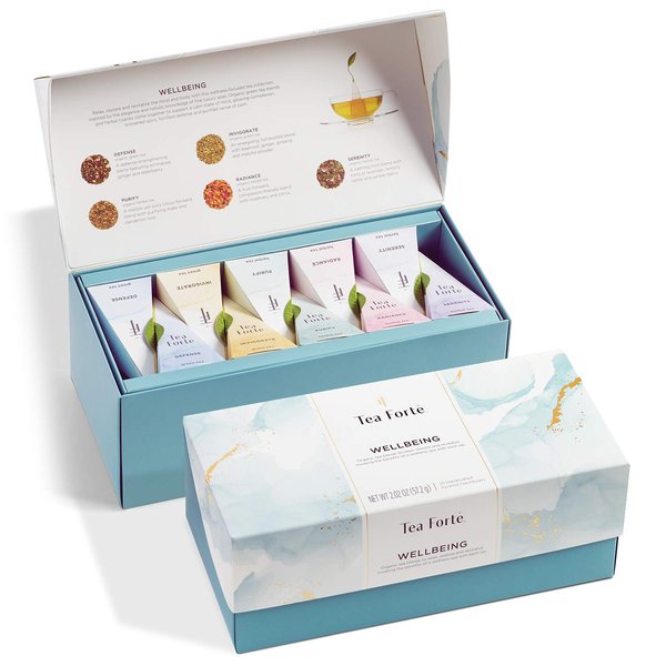 Tea Forte Wellbeing Organic Wellness Tea Presentation Box Tea Sampler Gift Set, 20 Assorted Variety Handcrafted Pyramid Tea Infuser Bags - Herbal Tea, Green Tea