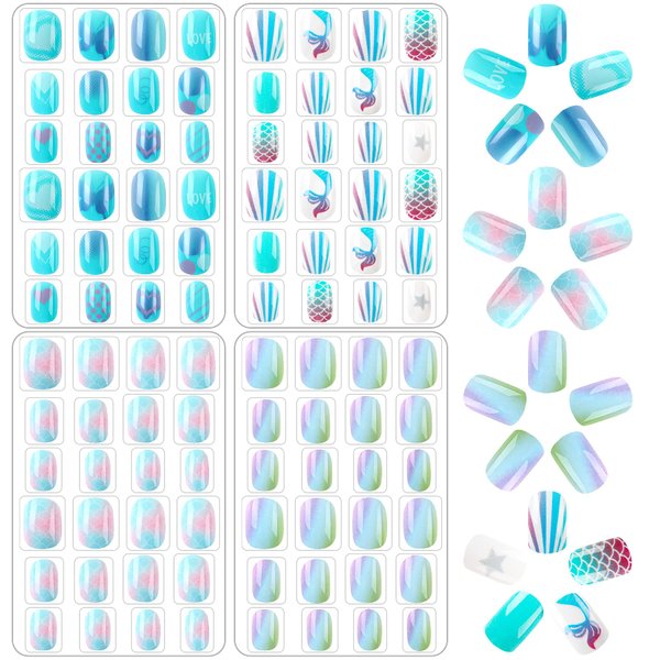 JANYUN 96 Pcs Kids False Nail Press on Nails Kids Full Cover Short False Nails Children Nail Tips Lovely Gift for Kids Little Girls Nail Art Decoration (Blue Theme)