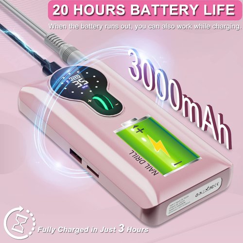 ENGERWALL Rechargeable Nail Drill 35000 RPM, Portable Cordless Electric Nail File Machine for Acrylic Nails Gel Polishing, Removing, with Dail Drill Bits Kit for Manicure Pedicure, Pink (Pro)