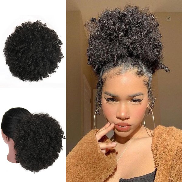 Afro Puff Drawstring Ponytail Extension for Black Women Short Afro Curly Ponytail Extension Clip On Kinky Drawstring Curly Ponytail Bun (2#)