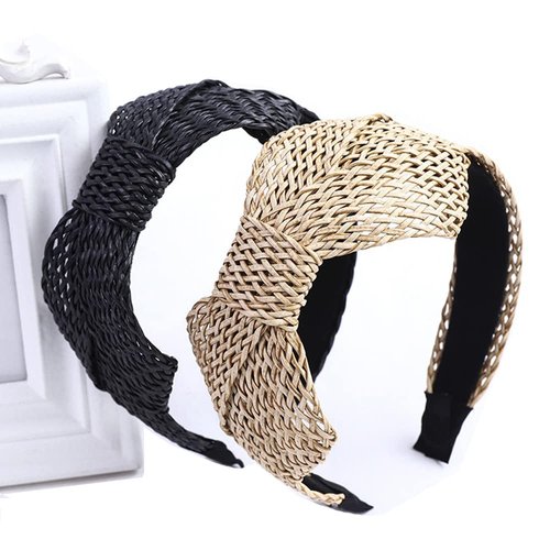 i-lan 2 Pack Rattan Headbands with Bowknot, Comfy Black Beige Head Bands with 2 Inch Width, Boho Padded Hair Band Headwear Hoop for Girls, Ladies, Women