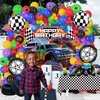 Monster Truck Theme party supplies 85Pcs semi truck Racecar Balloon Garland Set with Birthday Backdrop & Checkered Tablecloth | Perfect for toddler Boys Birthday Grave-themed monster truck decorations