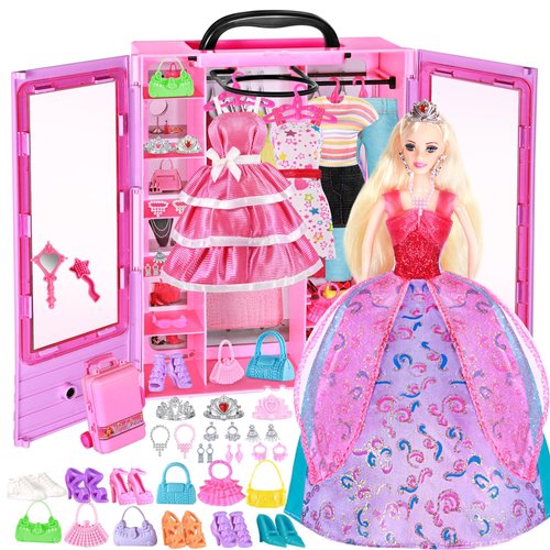 BETTINA My Dreamy Doll Closet with 50+ PCS Doll Clothes and Fashion Accessories Set, Princess Doll Wardrobe, Big Closet Playset, Xmas Birthday Toy Gifts Choice for Girls 6-12, 3 to 8 Years Old