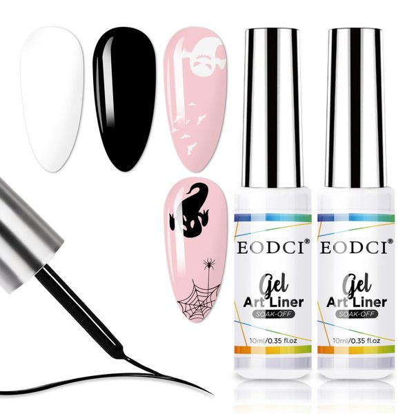 eodci 10ML Gel Nail Polish Liner Set - Black White Colors Nail Art Polish Gel Art Paint for Swirl Nails Built Thin Nail Art Brush in Gel Pens UV Soak off Gifts for Women